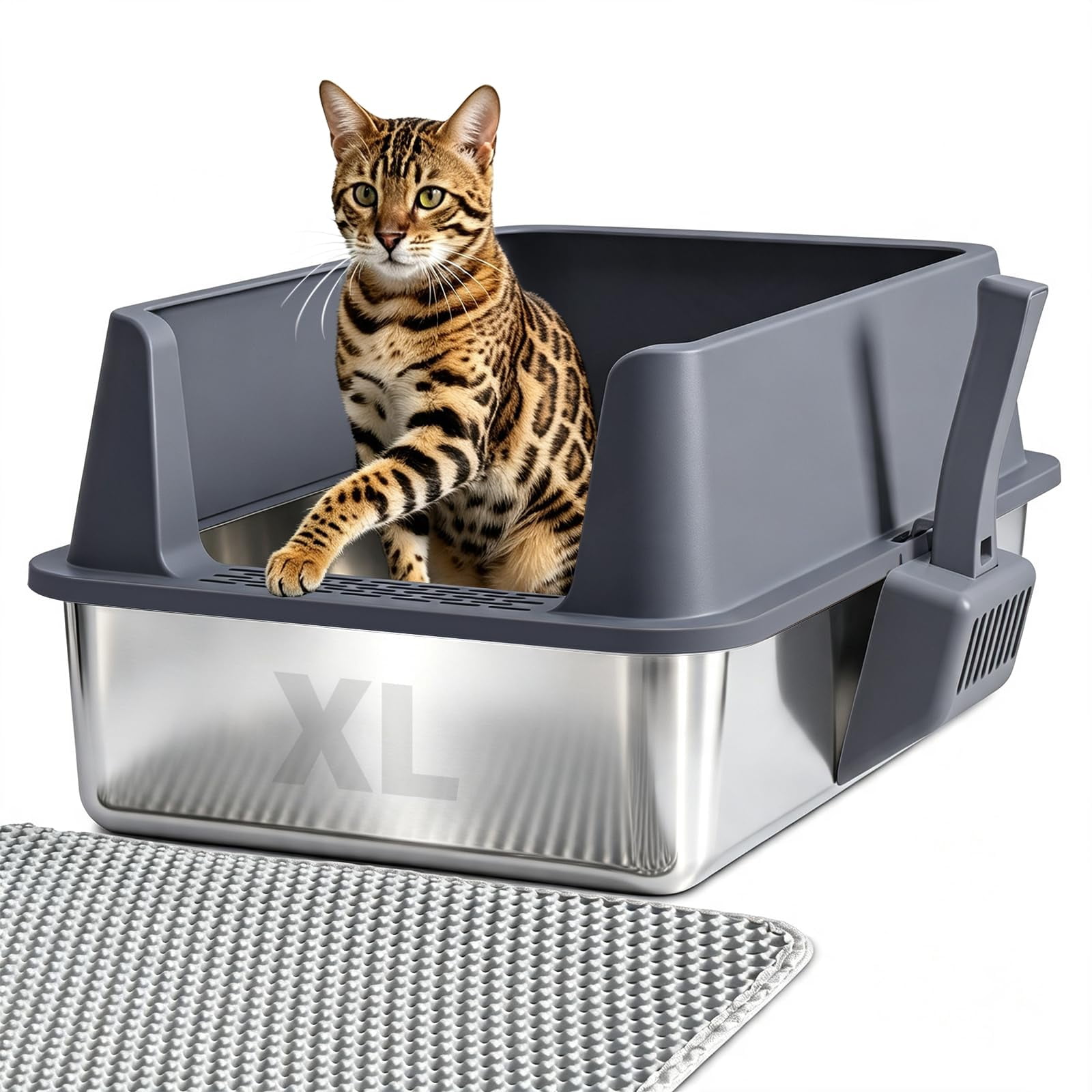 Caja de arena Nyutu XL 58x37x26 cm de acero inoxidable con tapa