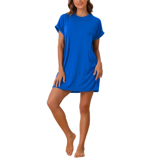 INSPIRE CHIC Vestido de Dormir de Manga Corta para Mujer, Camisón Suave de Mezcla de Rayón con Bolsillos Laterales y Puños Enrollados para Primavera Verano M Azul Claro