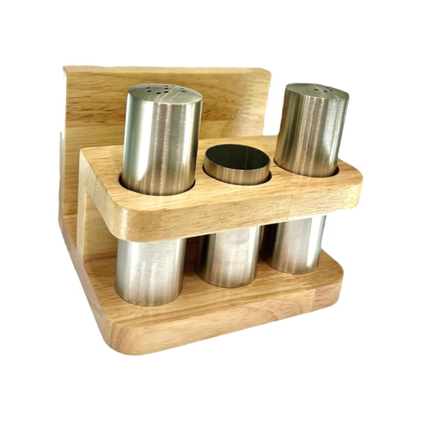 4 Piezas Especiero Frasco Condimentos Dispensador Porta Servilletas Acero Inoxidable Diseño Práctico Adecuado para Cocina Hogar Restaurante Mesa Come Madera de acero inoxidable