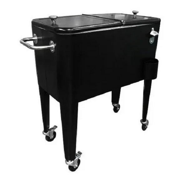 Cooler Negro Mate Retro Metálico Con Manilla Y Ruedas 60 Litros