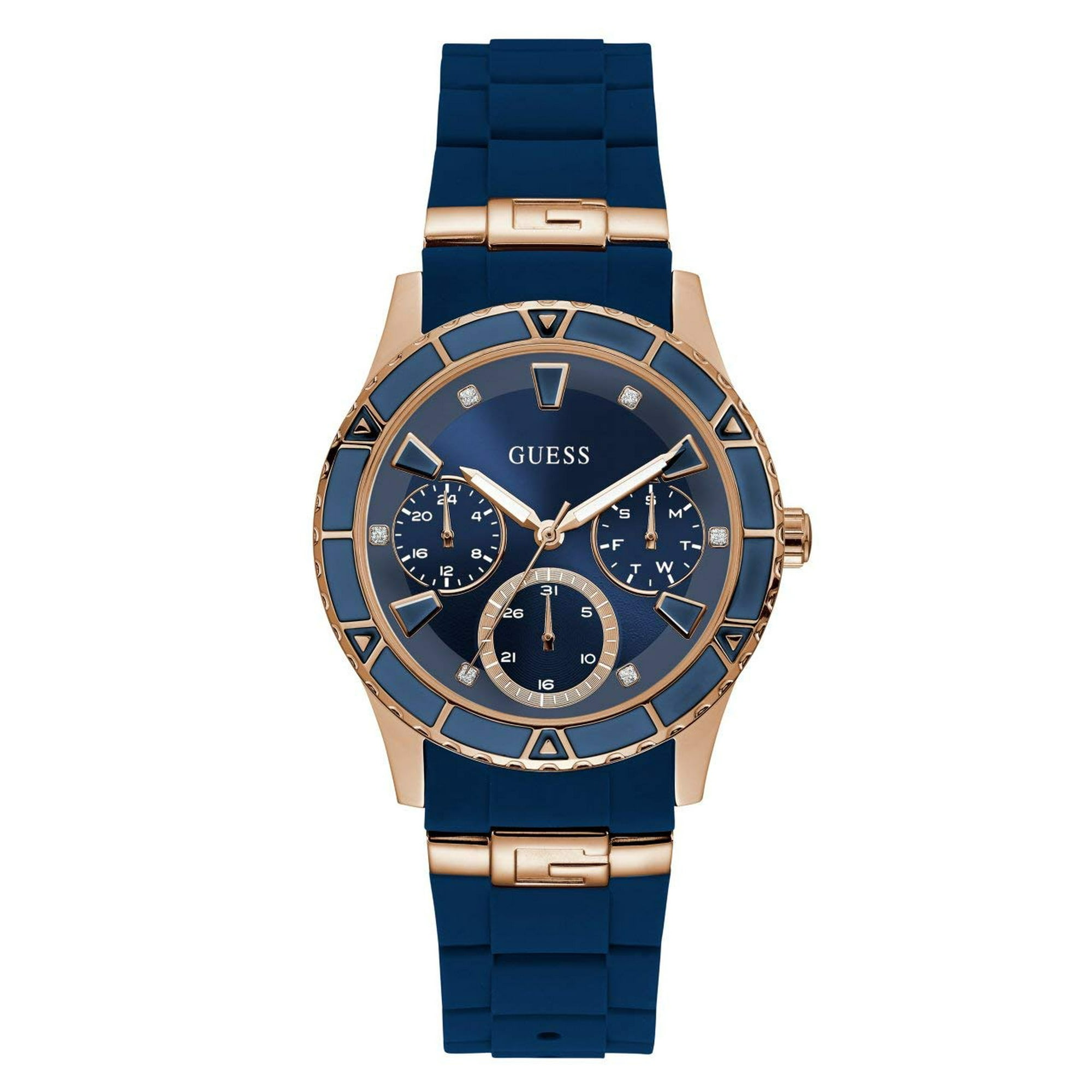 Reloj Guess U1157l3 En Tono Oro Rosa Y Silicona Azul Icónica