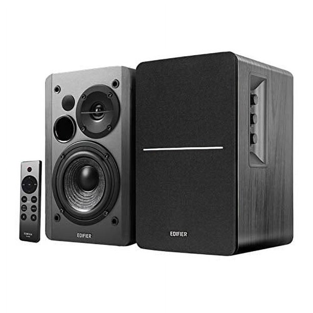 Parlantes activos de estantería Edifier R1280DBs en color negro. Monitores de estudio inalámbricos 2.0 con Bluetooth, entrada óptica, potencia de 42W RMS y salida de línea dedicada para subwoofer.