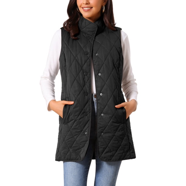 INSPIRE CHIC Chaleco Largo Acolchado para Mujer con Cuello Alto Sin Mangas Chaquetas Ligeras Chaleco Acolchado Abrigo Cálido M Negro