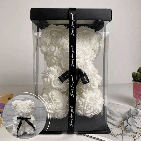 Oso De Rosas Blancas Con Caja Y Cinta Just For You
