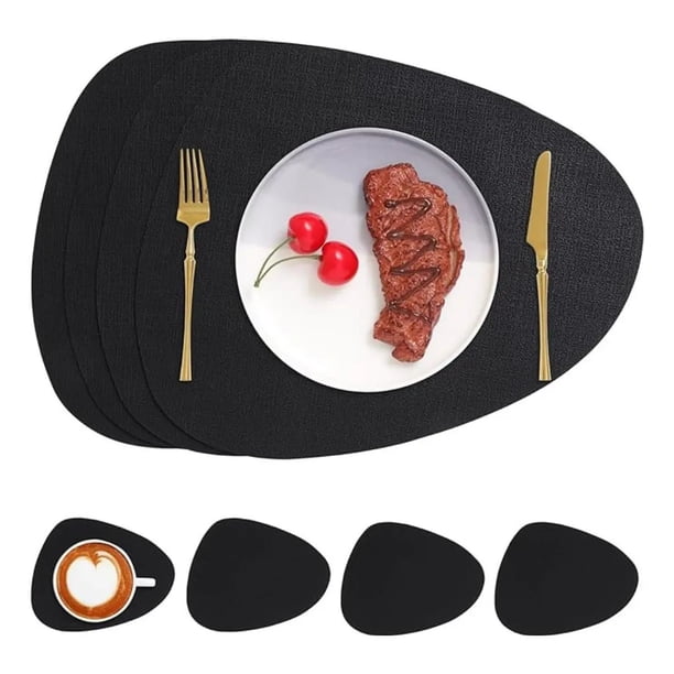 Set 4 Individuales + 4 Posavasos Impermeables Antimanchas 2 En 1 Jaspeado Negro