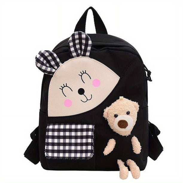 1pc Children's Cartoon Rabbit Plaid Backpack With Plush Teddy Bear, Sweet Cute Lightweight Backpack Casual Travel Backpack Kindergarten Kids School Bag