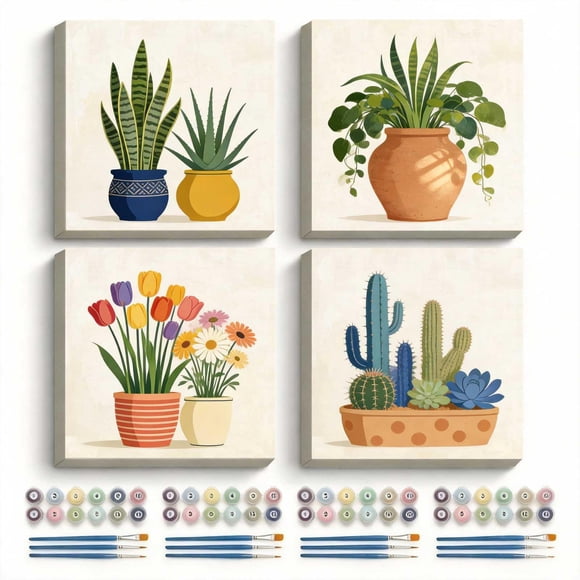 Kit de Pintura por Números Amphol – Set de 4 piezas 25 × 25 cm, Tema de Plantas
