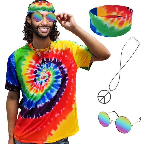 Set de disfraz hippie de Xonyico, 4 piezas, camiseta, collar y gafas de sol