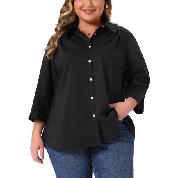 Agnes Orinda Camisas de Botones con Cuello y Pliegues de Manga 3/4 para Mujer de Talla Grande para Escuela y Universidad Blusas Sólidas de Negocios 4X Negro