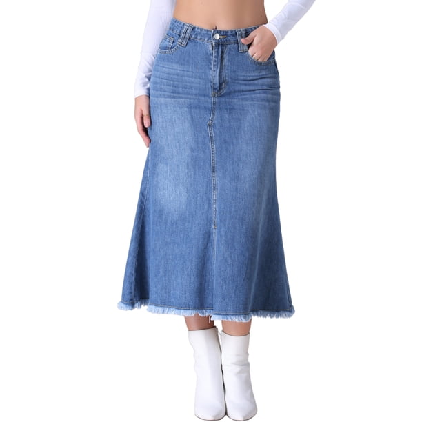 INSPIRE CHIC Falda Larga de Mezclilla de Mujer de Cintura Alta en Línea A con Cola de Pescado L Azul