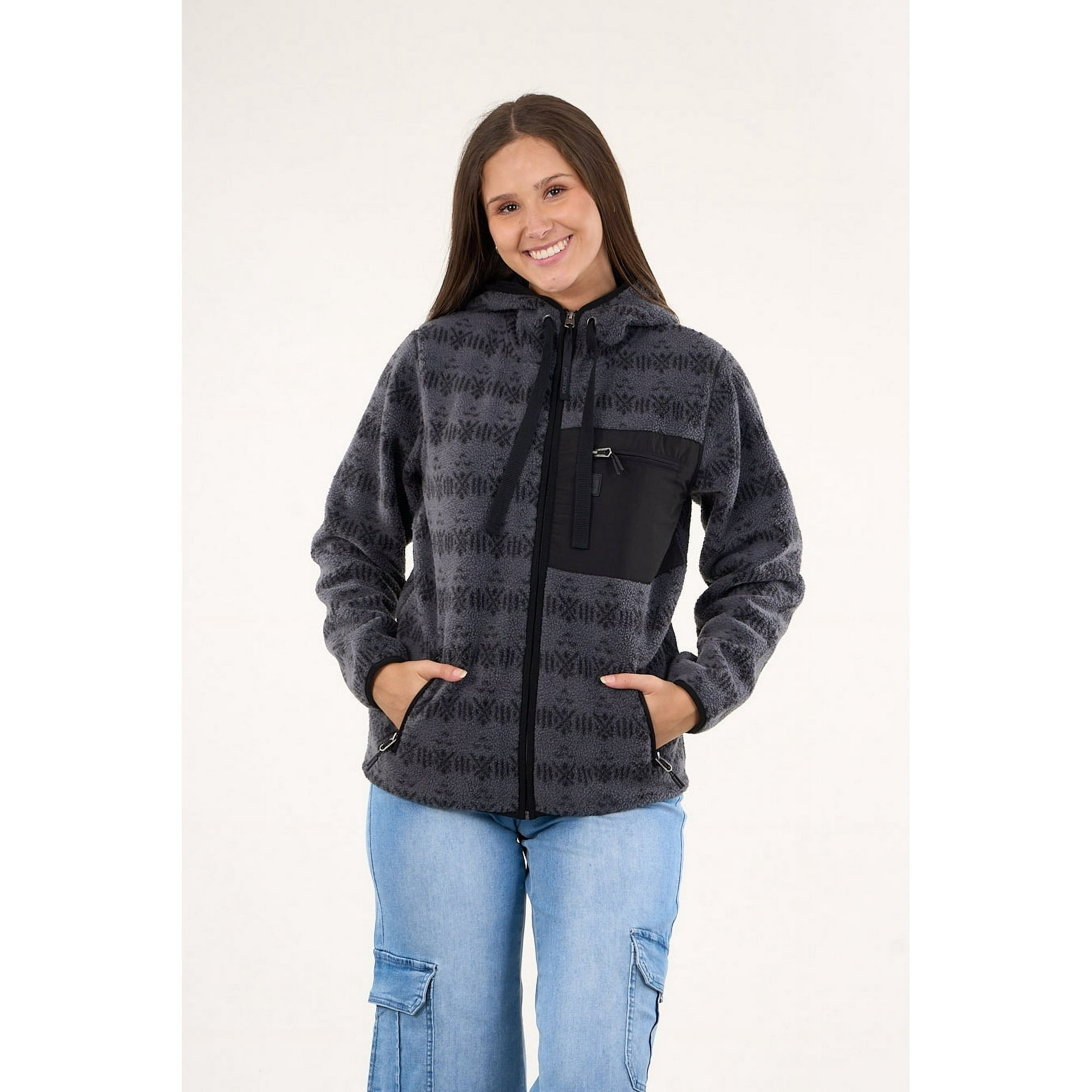 Polemic - Poleron Polar Full Print Look Sherpa Con Gorro Gris Mujer