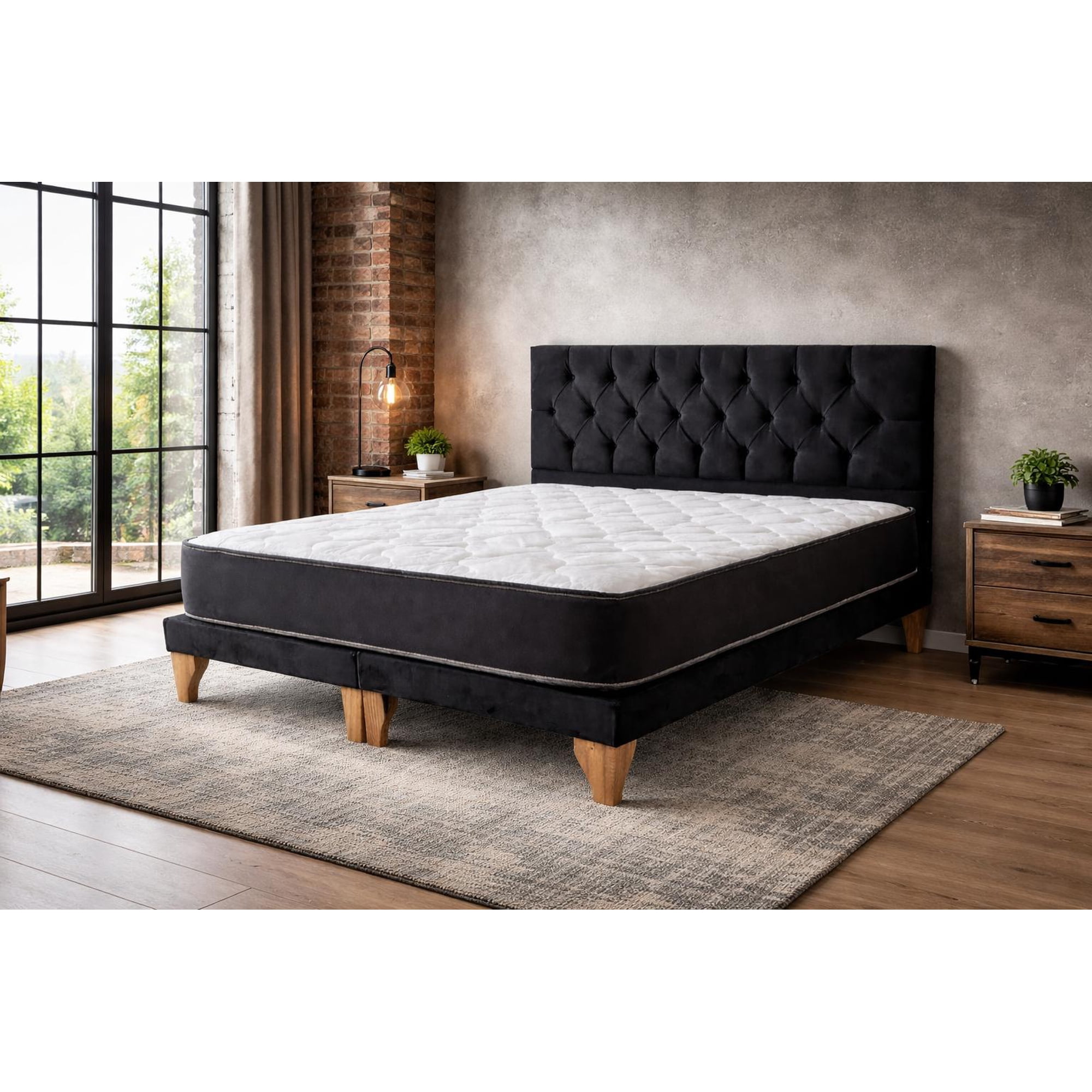 Genérico - Cama Europea 2 Plazas Base Dividida Respaldo Capitone Negro Colchón Híbrido