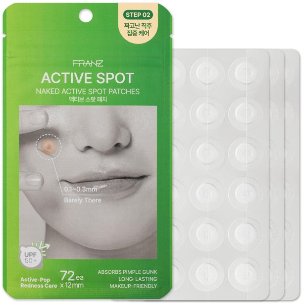 FRANZ Naked Active Spot Patches (72 unidades) | Parche hidrocoloide para el tratamiento de granitos | Cobertura con potente protección solar UPF 50+ | Suave con la piel sensible