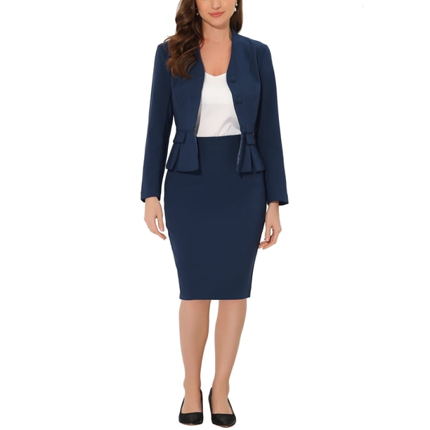 INSPIRE CHIC Traje de Mujer Conjunto de Regreso a Clases para Maestras Trajes de Negocios Blazer Peplum sin Cuello Traje Formal de Falda Lápiz Conjunto de 2 Piezas XS Azul Oscuro