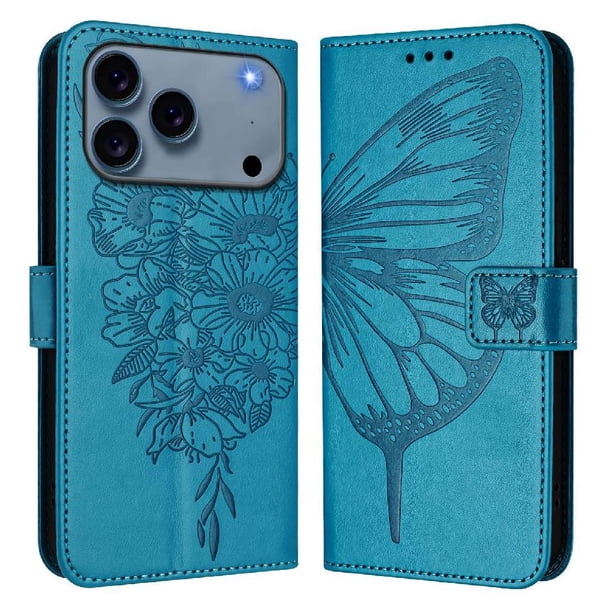 Funda Cartera Mariposa Para Iphone 17 Pro Max Con Soporte Y Ranuras Para Tarjetas Azul