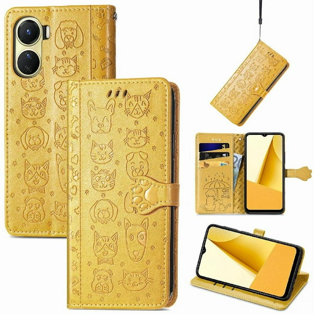 Funda Cartera FOXDOCK para VIVO Y16 , Flip PU con Relieve de Gatos y Perros, Tarjetero y Soporte