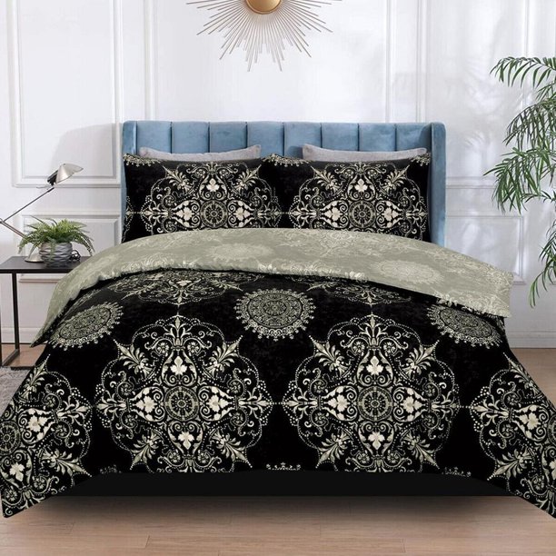Family Gift Luxury Floral Print Indigo Black Quilt Duvet Cover Set Bedroom Decor3-Piece Bedding Set
