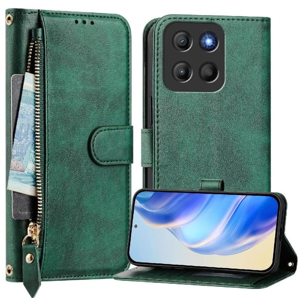 Funda Billetera Cremallera para Motorola Moto G15 con Porta Tarjetas, Soporte y Correa Verde