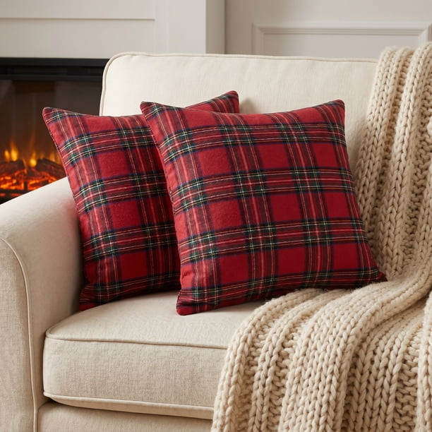 REGALWOVEN Paquete de 2 Fundas de Cojín Decorativas Festivas de Cuadro Escocés Tartan Cuadradas Cuadro Grande Rojo 20 x 20 Pulgadas
