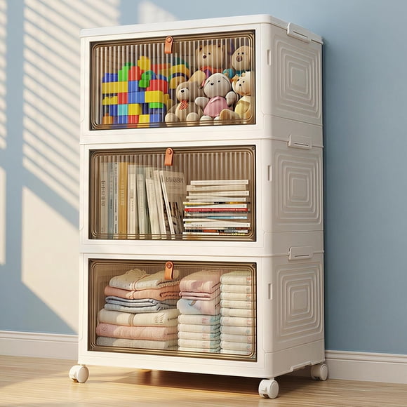 Gabinete de almacenamiento apilable LDQ de 3 niveles y 69 qt con tapas y ruedas