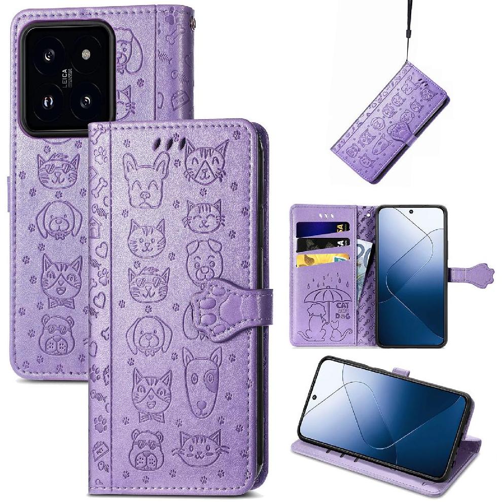 Funda Cartera Foxdock Para Xiaomi 14T Pro , Flip Pu Con Relieve De Gatos Y Perros, Tarjetero Y Soporte