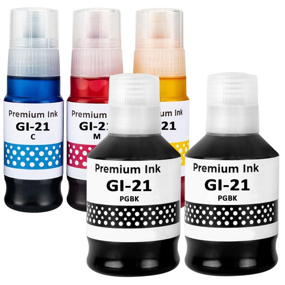 Botellas de recarga de tinta LAIPENG GI-21 Pack de 5 (2 negras, 1 cian, 1 magenta, 1 amarilla)