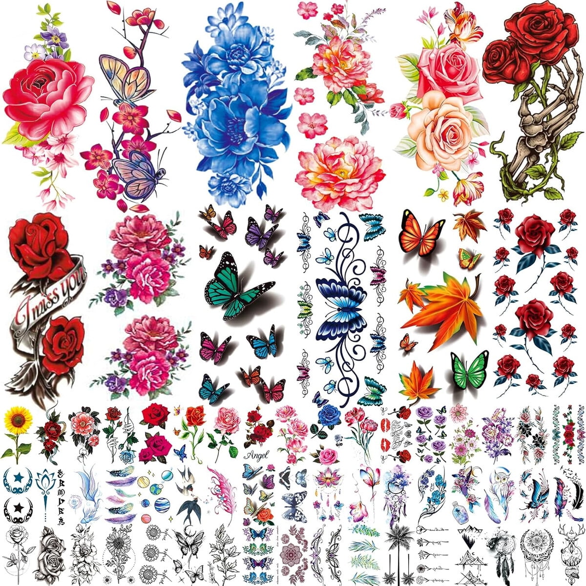 Tatuajes Temporales Zomme 82 Hojas Flores Mariposas Waterproof