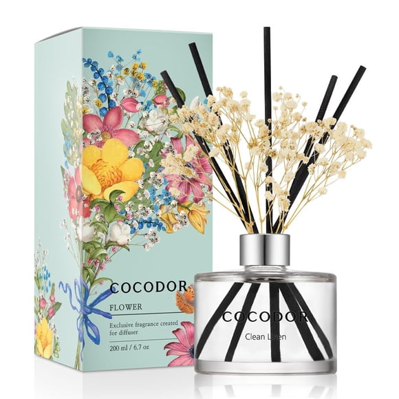 Set de difusores Reed Cocod'or Flower Clean Linen, 200 ml, con varillas