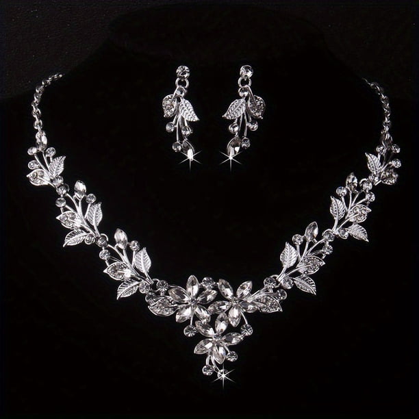 Bridal Jewelry Ladies Wedding Dress Wedding Accessories Royal Blue Leaf Shaped Flower Rhinestone Necklace Earring Set Wedding Set Chain Stage Performance Necklace