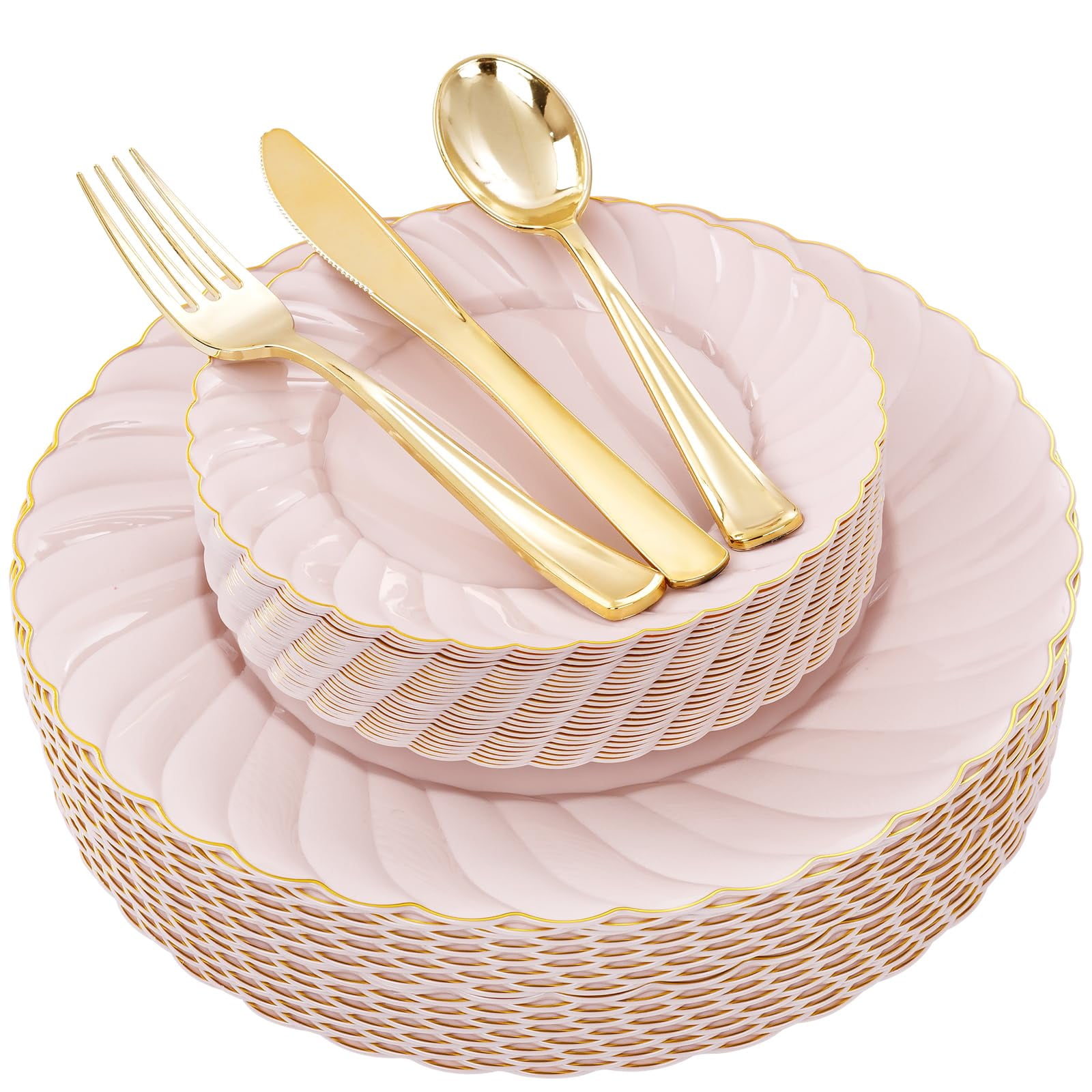 Juego De Platos De Plástico Youbet De 125 Piezas, Color Rosa Con Borde Dorado