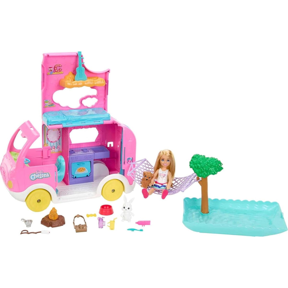 Mattel - Barbie Camper Chelsea 2en1 Set Muñeca Y Mascotas
