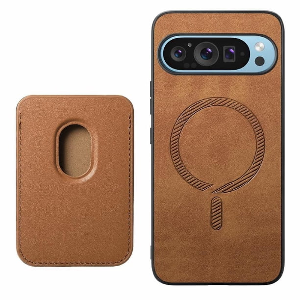 Funda de Cuero Magnética con Tarjetero para Google Pixel 9 Pro Cubierta Delgada Marrón