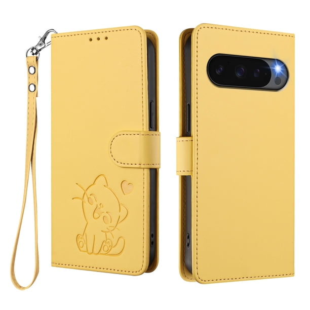 Funda de Gato tipo Libro para Google Pixel 9 Pro XL 5G, Amarillo