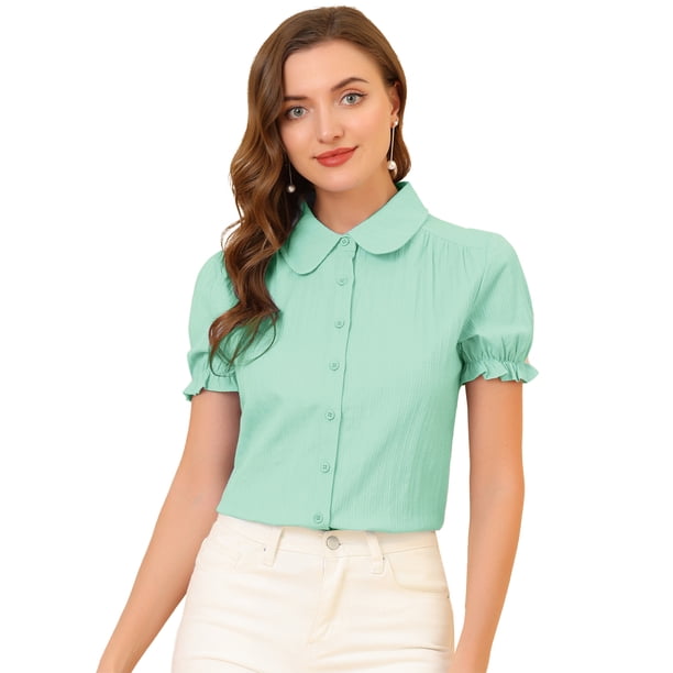 INSPIRE CHIC Blusas Vintage para Mujer con Cuello Peter Pan y Botones de Algodón Verde Pino M