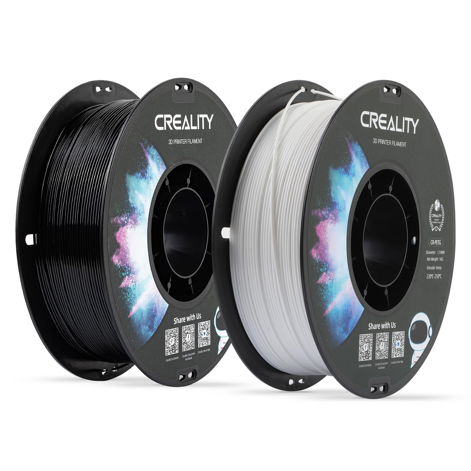 Filamento Para Impresora 3d Creality Petg De 1,75 Mm, Paquete De 2 Unidades, 1 Kg, Blanco Y Negro