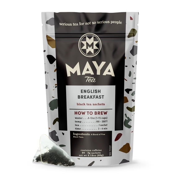 Maya Tea Saquitos de Té Negro English Breakfast, Naturalmente Cafeinado, Paquete de 20