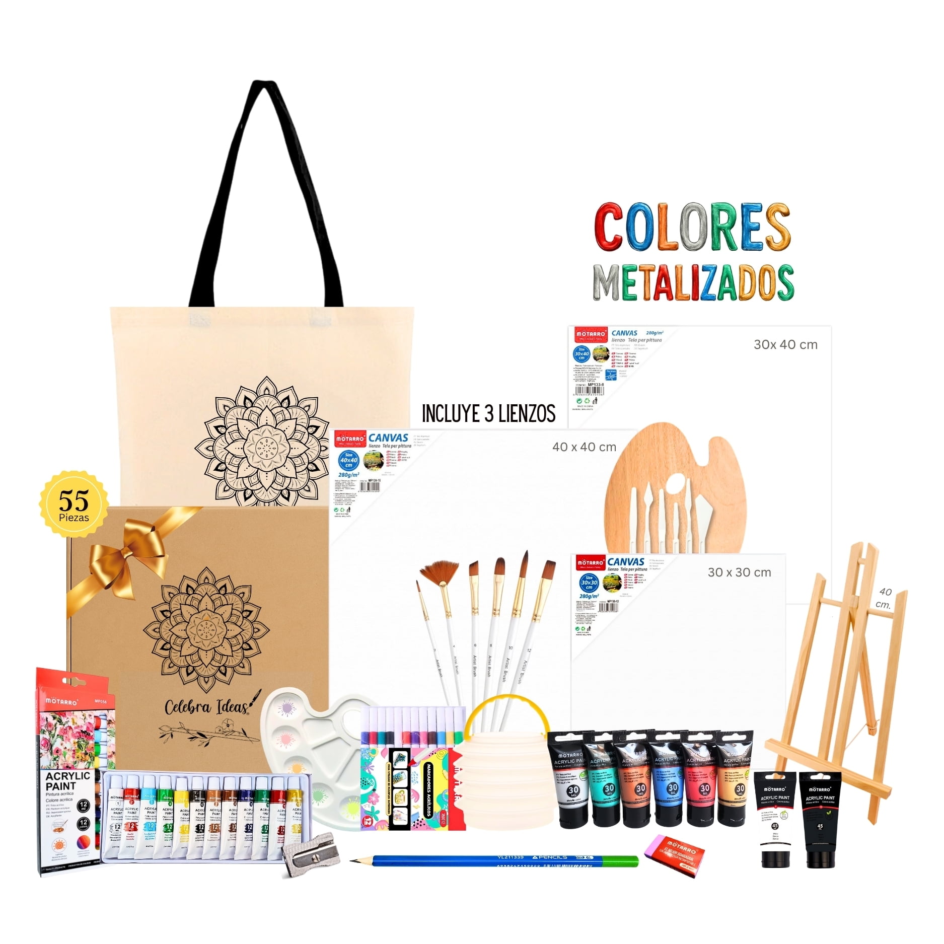 Celebra Ideas - Set Kit De Arte Acrílicos Metalizados Con Bastidores Y Marcadores