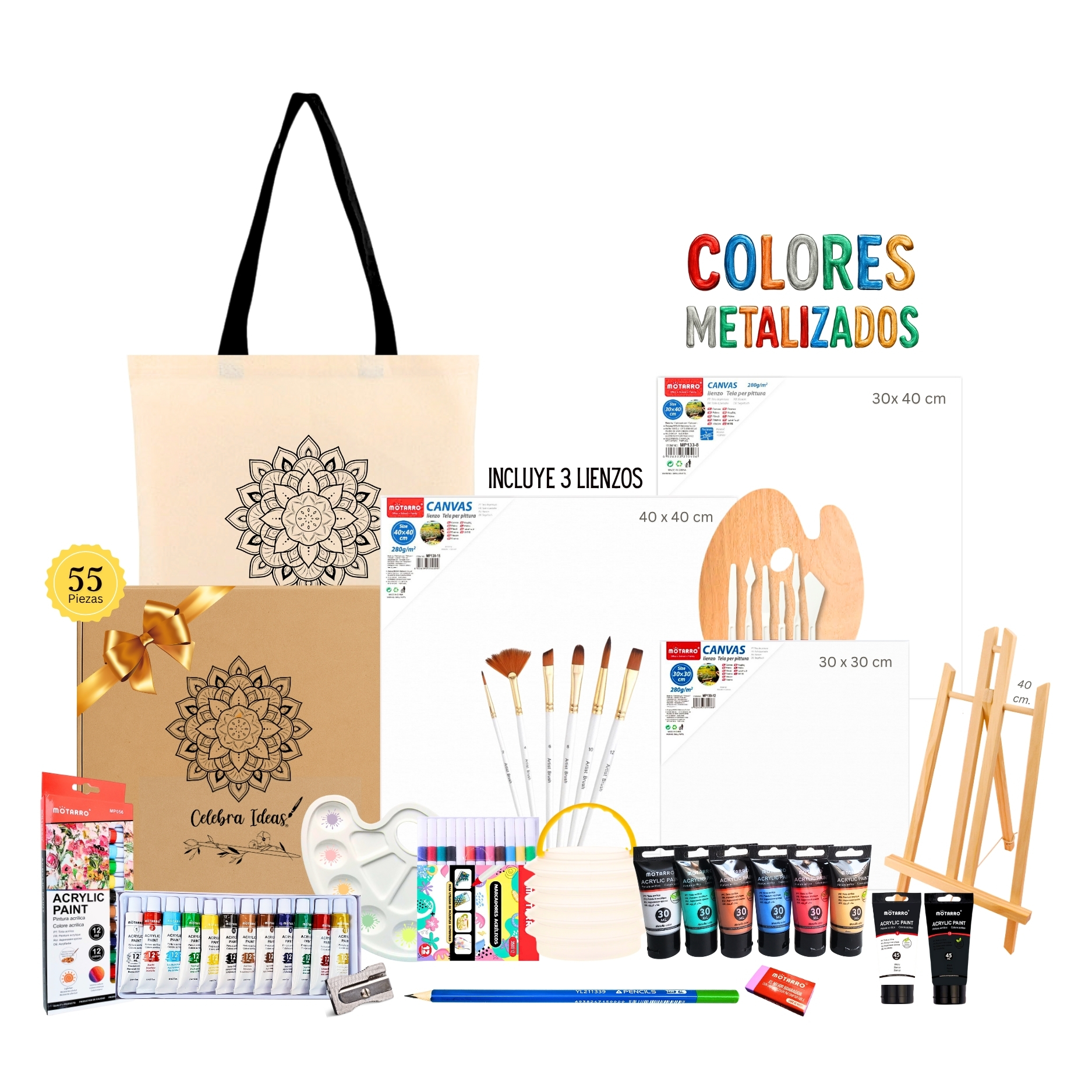 Celebra Ideas - Set Kit De Arte Acrílicos Metalizados Con Bastidores Y Marcadores