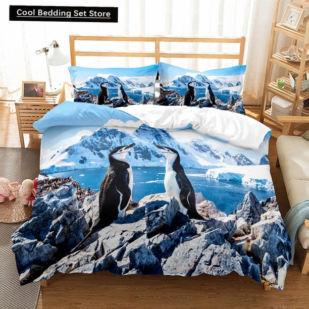 Antarctica Landscape Duvet Cover Lovely Penguin Bedding Set Iceberg Glacier Quilt Cover Polyester Comforter Cover Bed Sheets