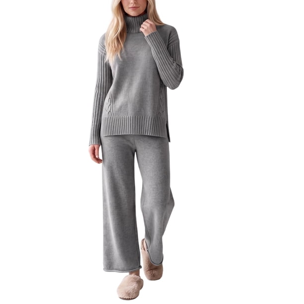 INSPIRE CHIC Conjunto de Suéter de Punto de Cable de 2 Piezas para Mujer Cuello Alto Hombro Caído Manga Larga Ajustable Grande Gris