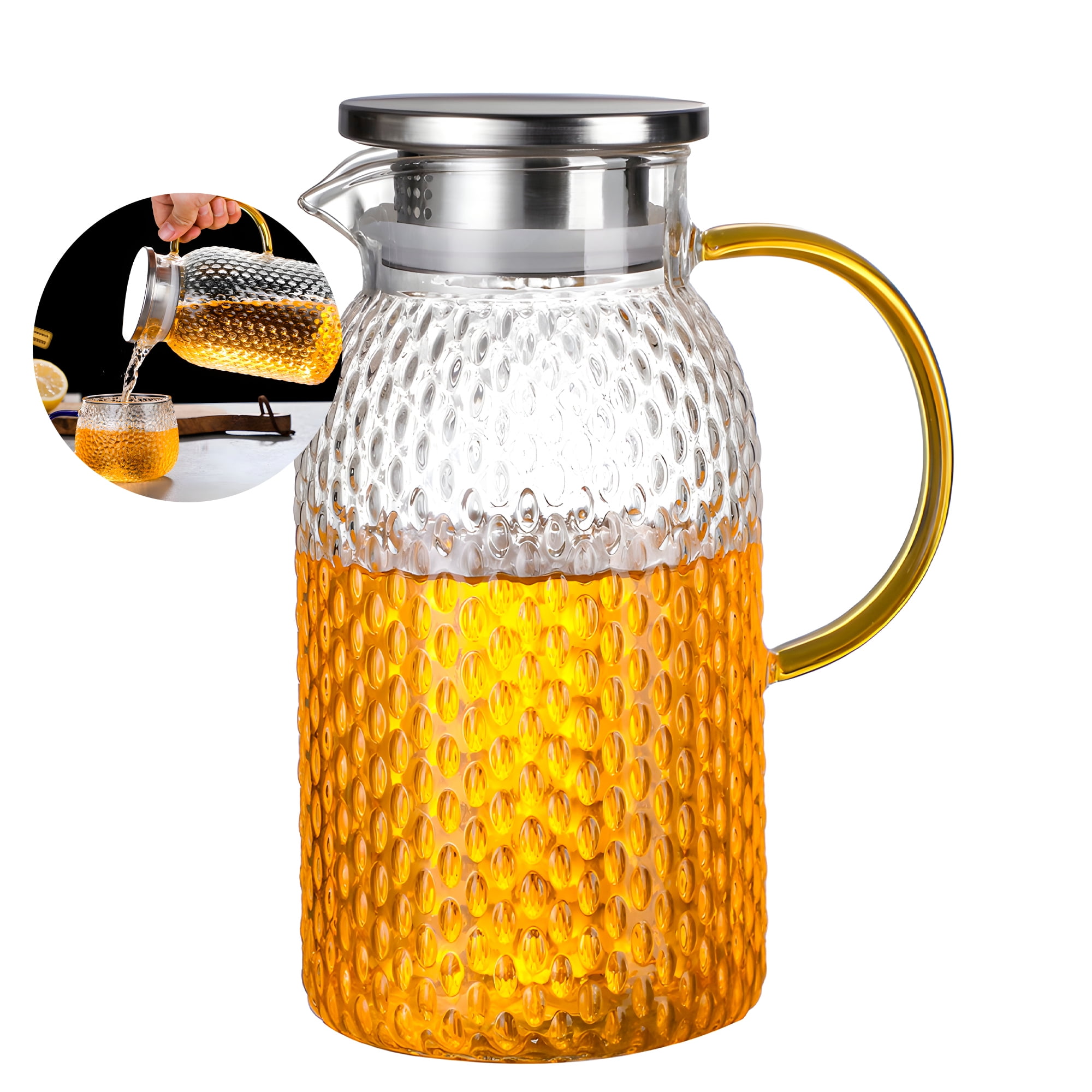 Mgm Importaciones - Jarra De Vidrio 1.9 Litros Servir Te Jugo Bebida Agua Tapa Acero