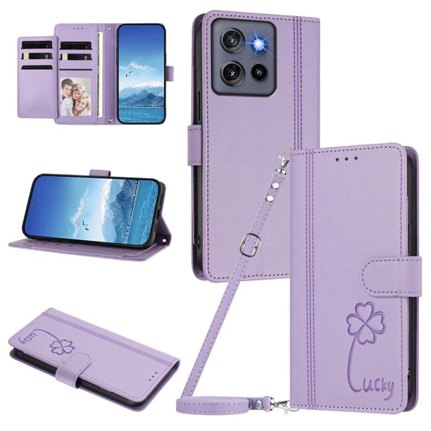 Funda Cartera Trébol para Motorola Edge 60 Neo con Ranuras Tarjetas y Carga Inalámbrica Morado claro