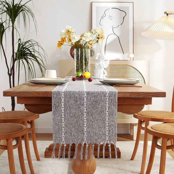 Camino De Mesa De Lino Estilo Rústico De Granja, Camino De Mesa Bohemio Bordado De 228 Cm De Largo Con Borlas Para Fiestas Navideñas Y Decoración De Comedor, 33 X 228 Cm - Marfil