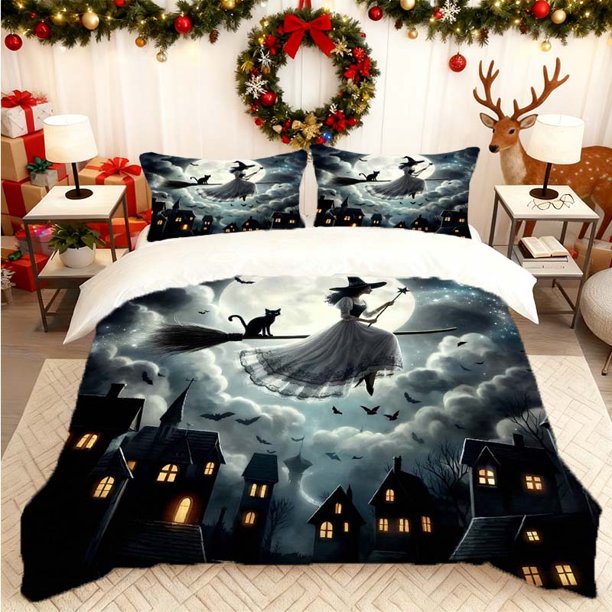 Halloween Witches Magic Night Printed Duvet Cover Set Soft Duvet Cover + 2 Pillowcases All-Season Use Ideal for Home Bedroom and Guest Room Perfect Gift for Hol