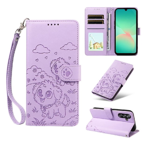 Funda Cartera para Samsung Galaxy A17 Perro Cachorro Grabado con Tarjetas Soporte Correa Morado