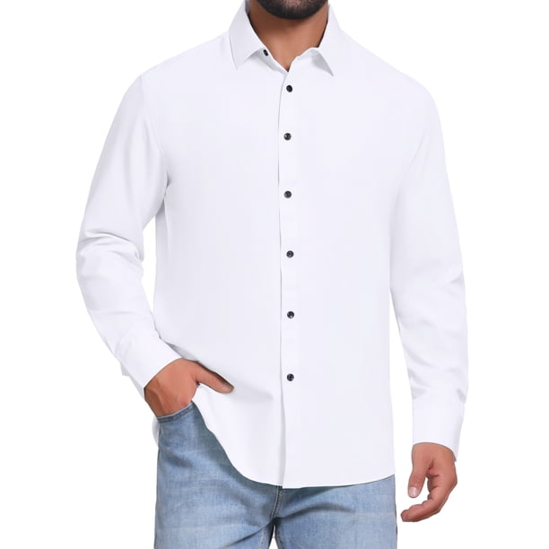 INSPIRE CHIC Camisa de Vestir de Manga Larga con Botones de Color Sólido para Hombre, Regreso a Clases, L, Blanco