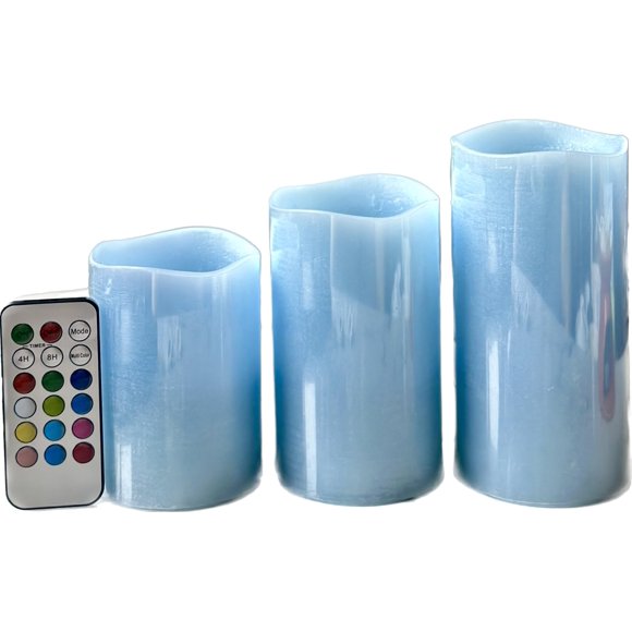 Juego de 3 velas LED Adoria Light Blue, 7,5 cm de diámetro