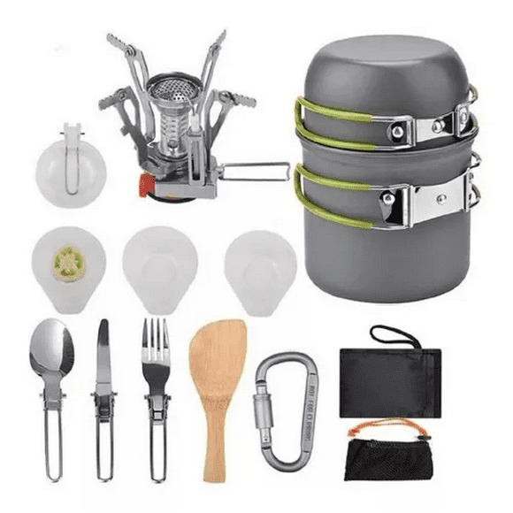 Set de ollas camping, 10 piezas, con cocinilla y cubiertos