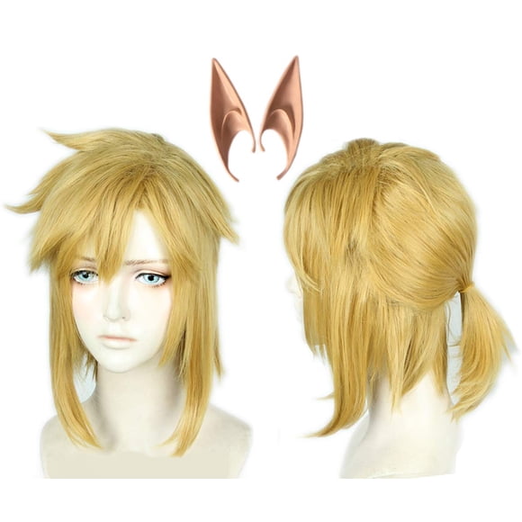Peluca corta Linfairy, rubia, para hombre, Halloween, con orejas de elfo