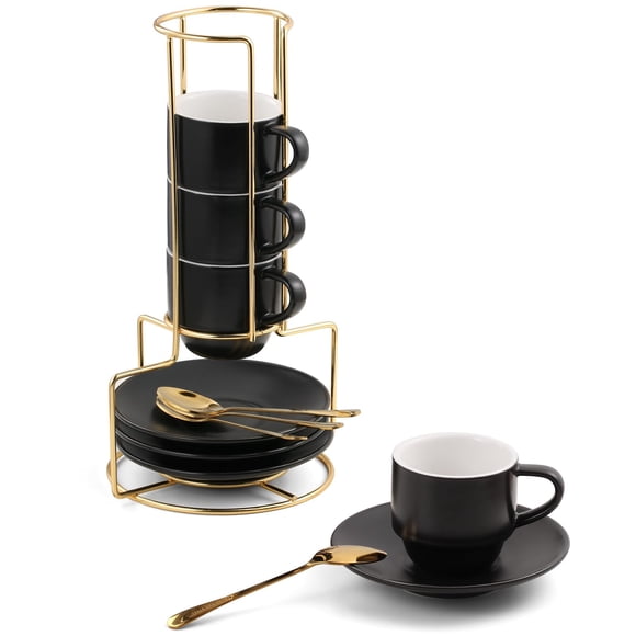 Juego de tazas de espresso Lareina de 90 ml con platillos, cucharas y soporte, 4 unidades